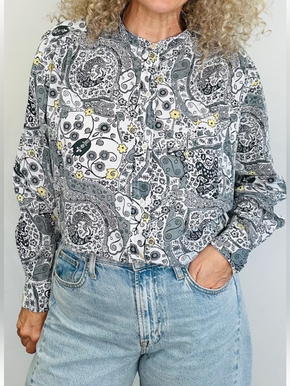 Isabel Marant Etoile Black and White Yellow Accent Long Sleeve Collarless Button